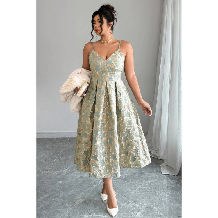 Plus Size Jacquard Elegant Spaghetti Strap Dress Green view 4 (dress) - plus size jacquard dress, plus  - shop at us.meeeshop