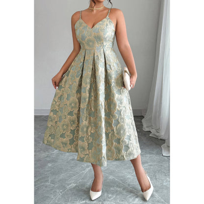 Plus Size Jacquard Elegant Spaghetti Strap Dress in Green - Curvy Fit - Plus Size Jacquard Dress