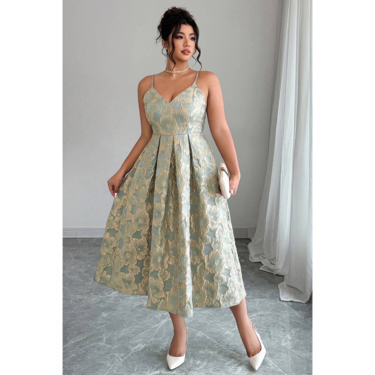 Plus Size Jacquard Elegant Spaghetti Strap Dress in Green view 3 - Curvy Fit - Plus Size Jacquard Dress