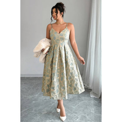 Plus Size Jacquard Elegant Spaghetti Strap Dress in Green view 4 - Curvy Fit - Plus Size Jacquard Dress