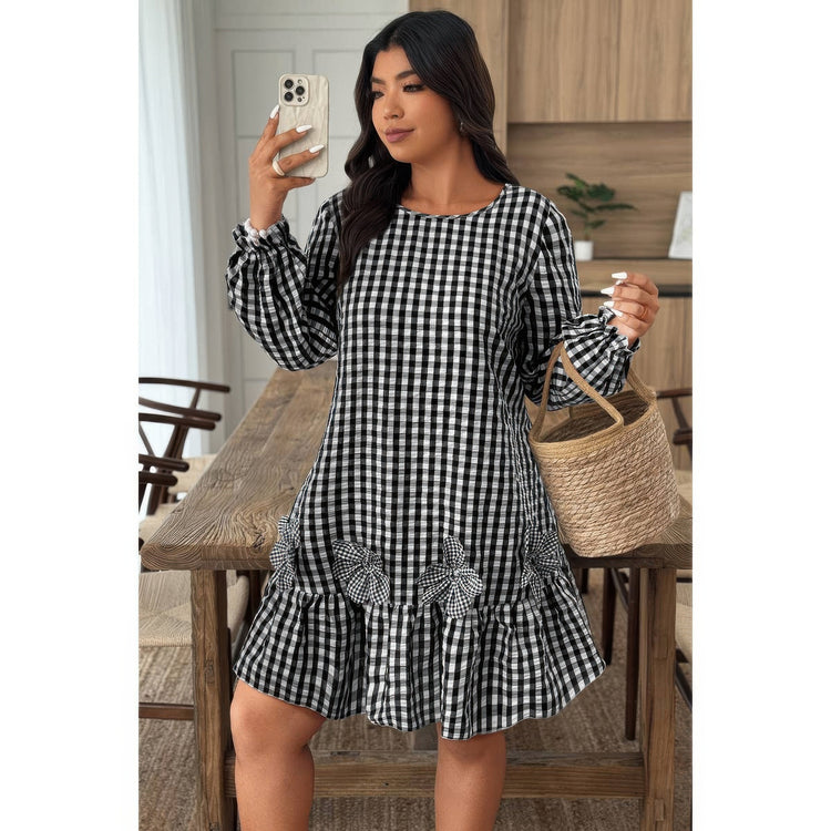 Plus Size Plaid Round Neck Floral Cut Dress Black view 3 (dress) - plus plaid skirt, plus plaid suit, p - shop at us.meeeshop