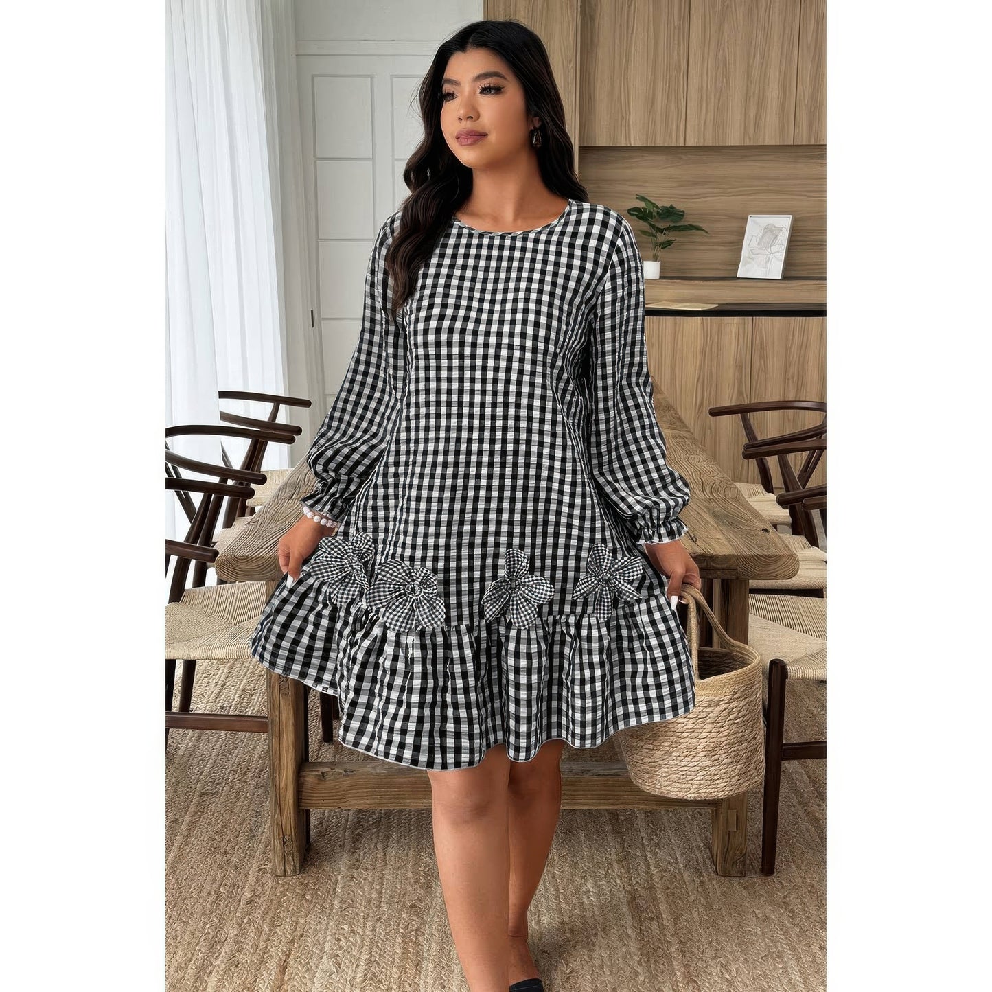 Plus Size Plaid Round Neck Floral Cut Dress in Black - Curvy Fit - Plus Plaid Skirt