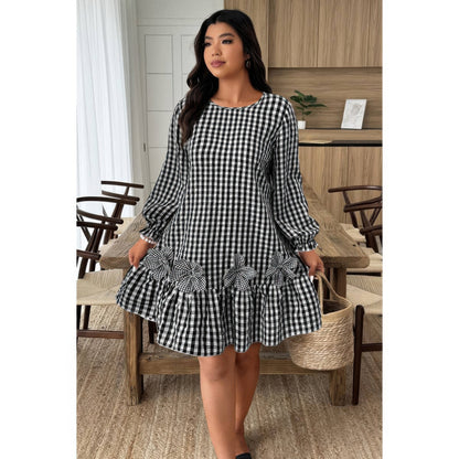 Plus Size Plaid Round Neck Floral Cut Dress in Black - Curvy Fit - Plus Plaid Skirt