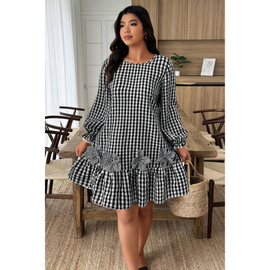 Plus Size Plaid Round Neck Floral Cut Dress in Black - Curvy Fit - Plus Plaid Skirt