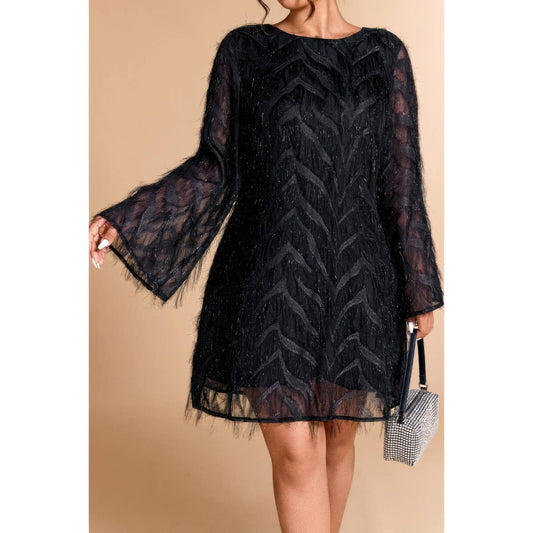 Plus Size Sequin Fringe Lace Short Dress in Black view 2 - Curvy Fit - Plus Sequin Dress White