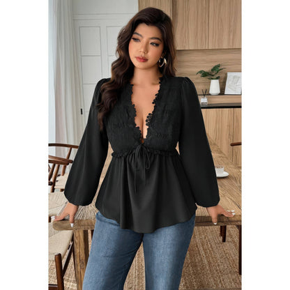 Plus Size Solid V Neck Lace Patchwork Shirt in Black view 10 - Curvy Fit - Plus Size Solid Shirts (top)
