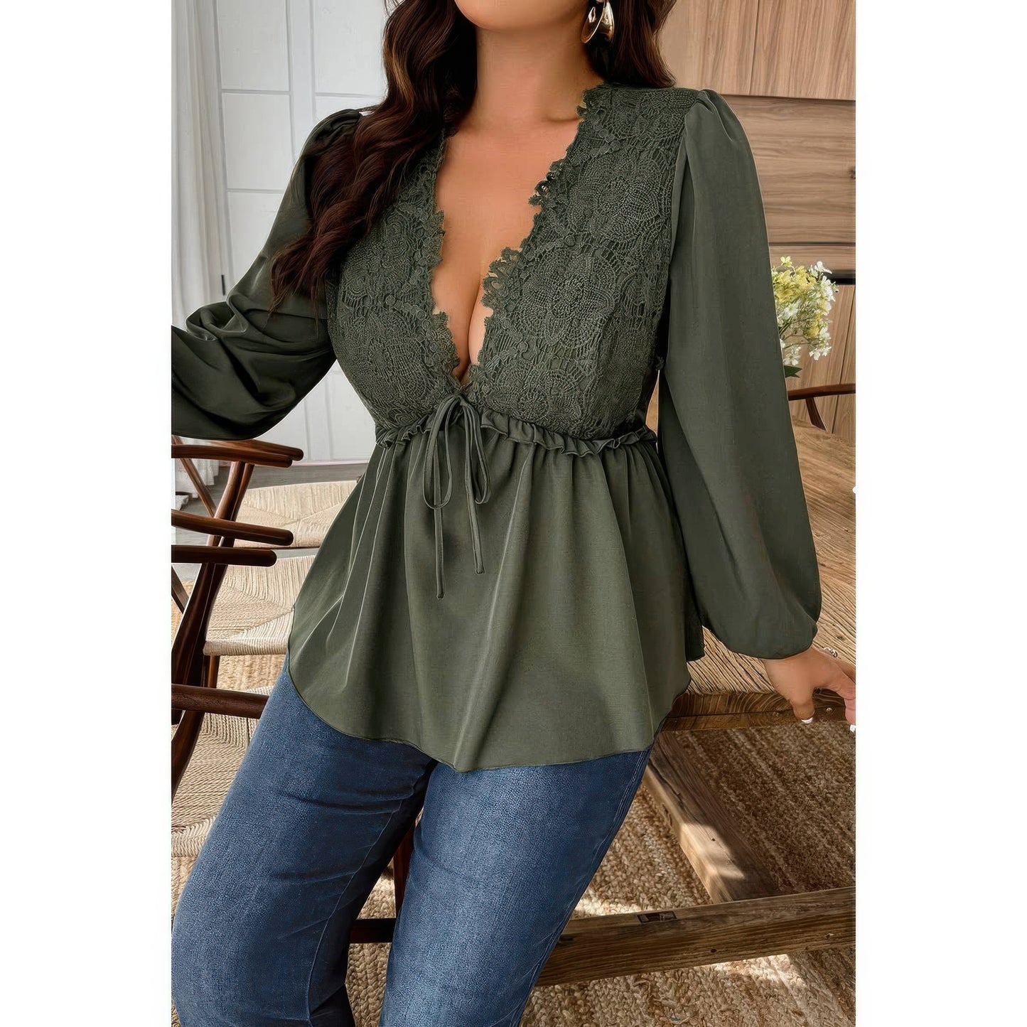 Plus Size Solid V Neck Lace Patchwork Shirt in Black view 6 - Curvy Fit - Plus Size Solid Shirts (top)