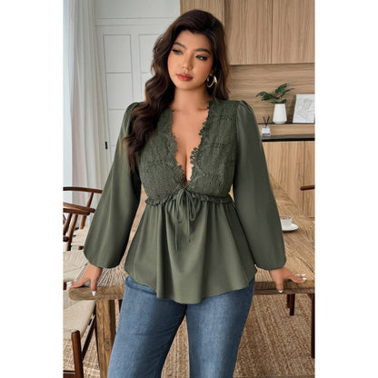 Plus Size Solid V Neck Lace Patchwork Shirt in Black view 7 - Curvy Fit - Plus Size Solid Shirts (top)