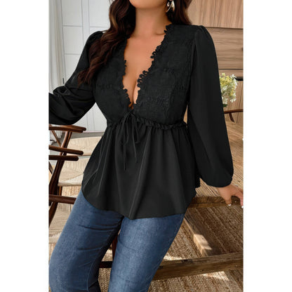 Plus Size Solid V Neck Lace Patchwork Shirt in Black view 9 - Curvy Fit - Plus Size Solid Shirts (top)