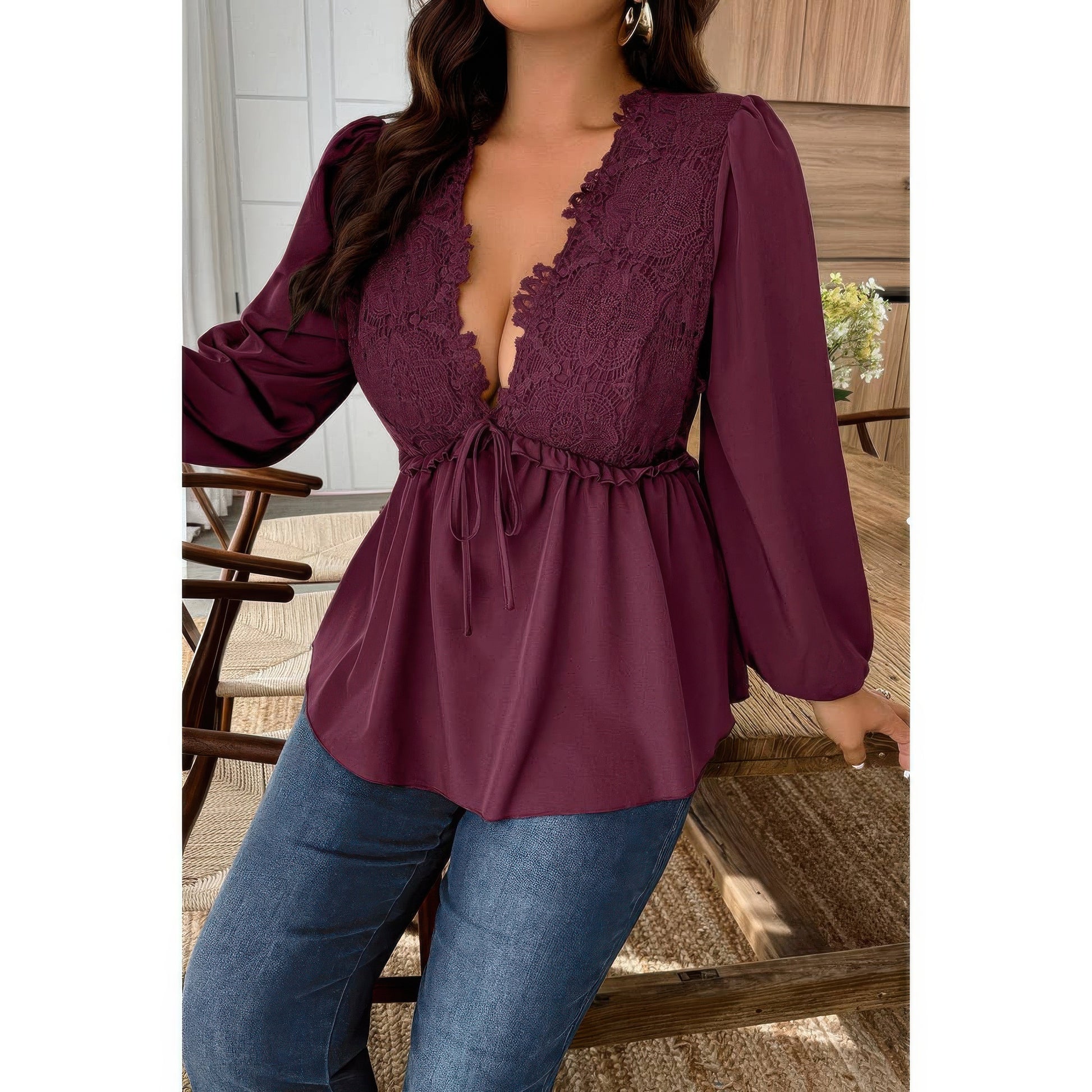 Plus Size Solid V Neck Lace Patchwork Shirt in Wine - Curvy Fit - Plus Size Solid Shirts (top)