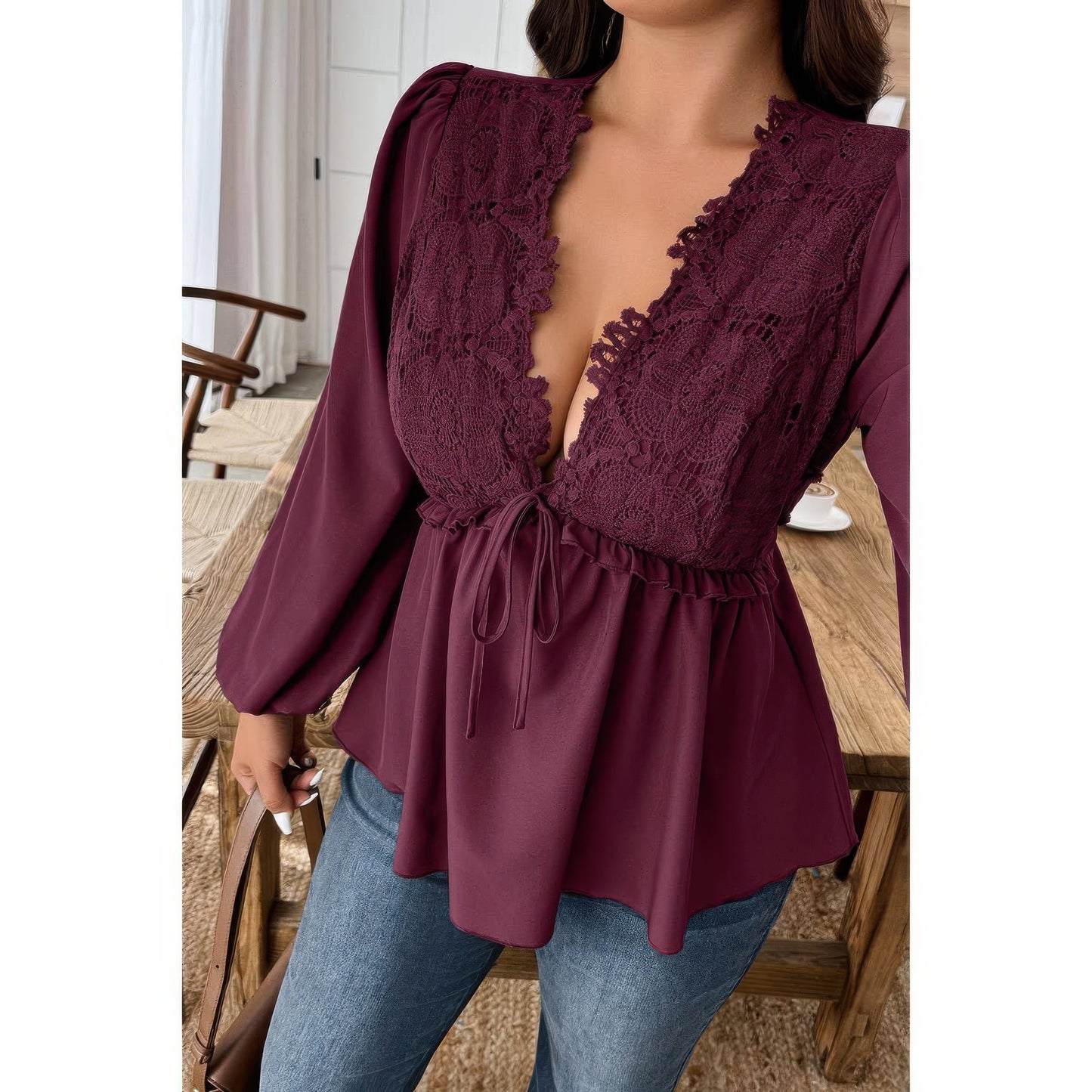 Plus Size Solid V Neck Lace Patchwork Shirt in Wine view 2 - Curvy Fit - Plus Size Solid Shirts (top)