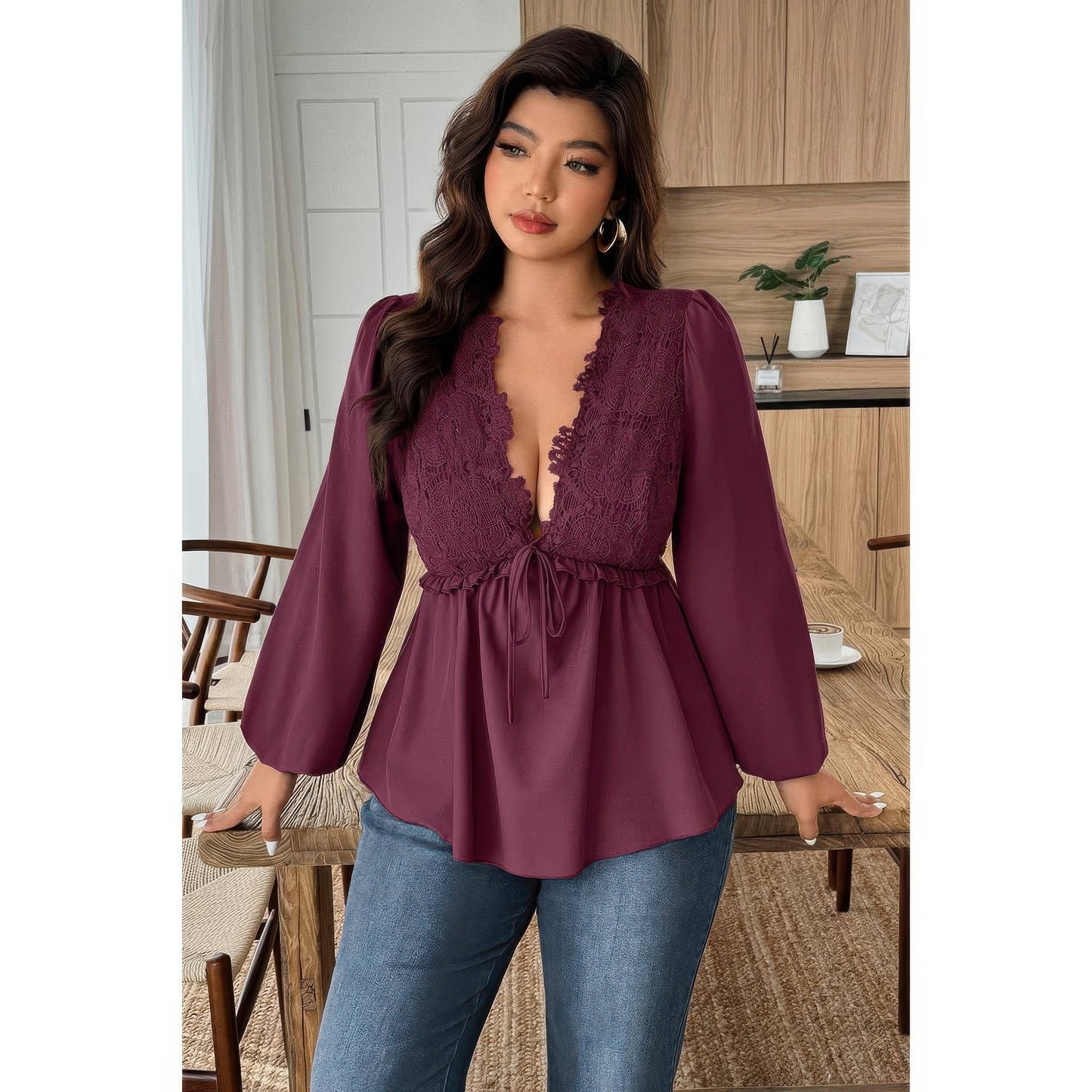 Plus Size Solid V Neck Lace Patchwork Shirt in Wine view 3 - Curvy Fit - Plus Size Solid Shirts (top)