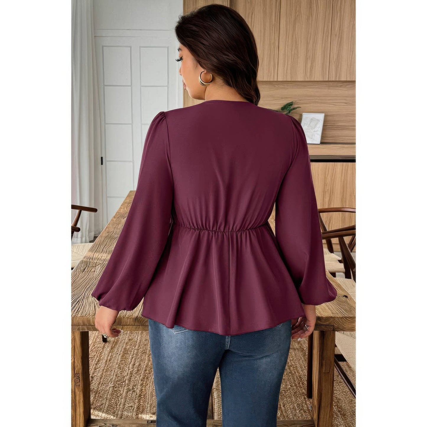 Plus Size Solid V Neck Lace Patchwork Shirt in Wine view 4 - Curvy Fit - Plus Size Solid Shirts (top)
