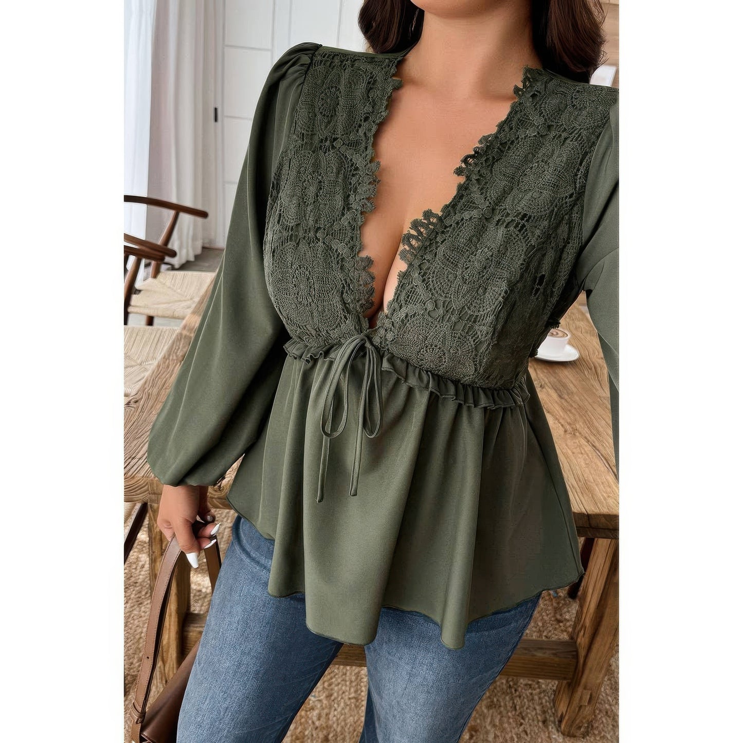 Plus Size Solid V Neck Lace Patchwork Shirt in Wine view 5 - Curvy Fit - Plus Size Solid Shirts (top)