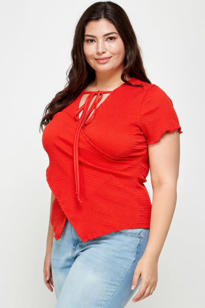 plus size textured Plus Size Textured Wrap Top with Tie Neck view 6 (top) - shop at us.meeeshop