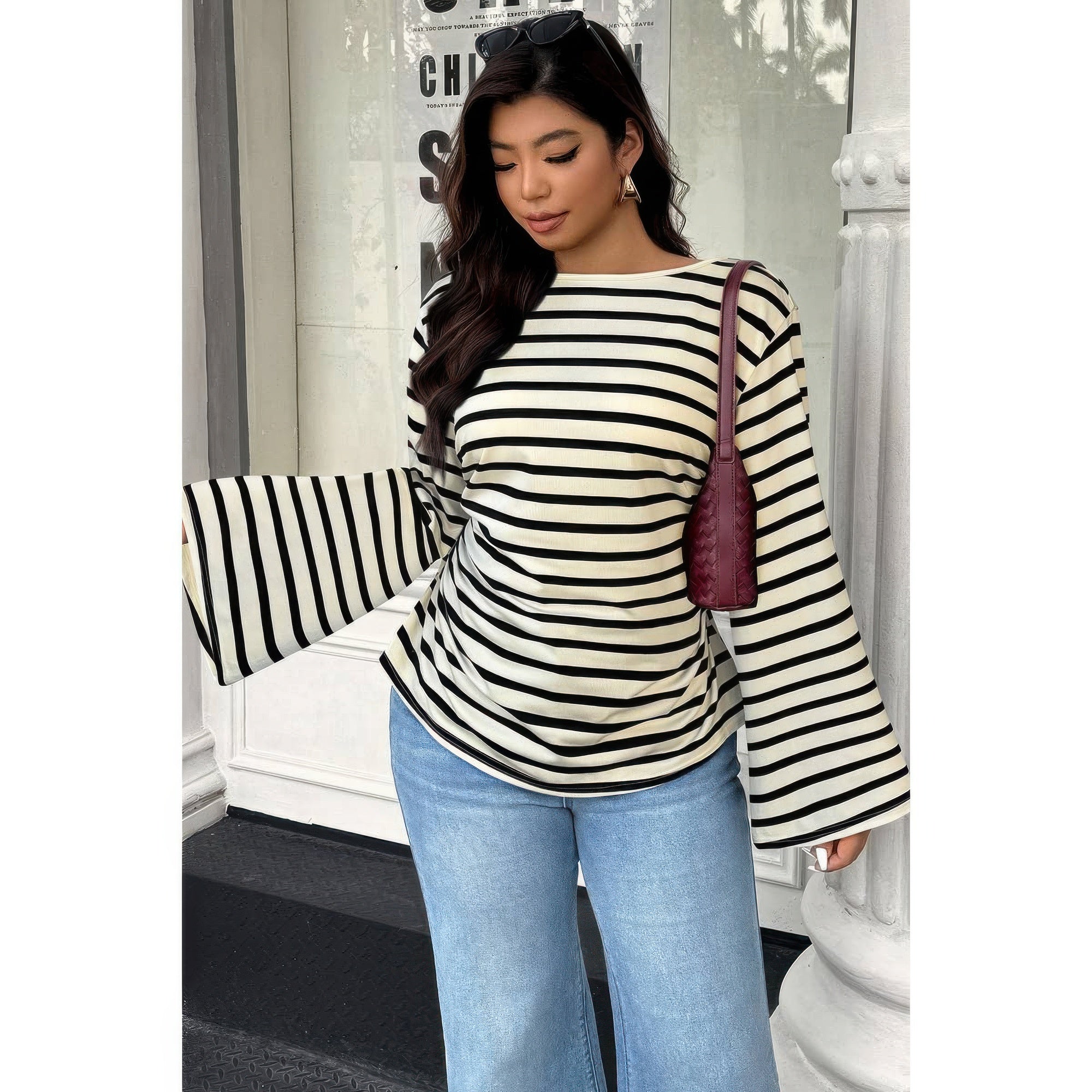 Plus Size Wide Long Sleeves Strip Fit Shirt Black Stripe view 3 (top) - strip shirt, long strip shirt - shop at us.meeeshop