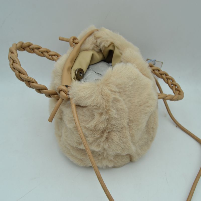 Plush Faux Fur Bucket Handbag with Braided Handles and Long Strap - MeeeShop Women's Fashion