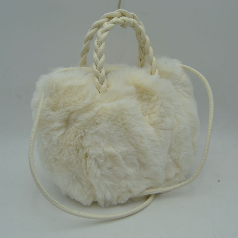 Plush Faux Fur Bucket Handbag with Braided Handles and Long Strap - MeeeShop Women's Fashion