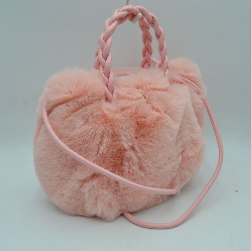 Plush Faux Fur Bucket Handbag with Braided Handles and Long Strap - MeeeShop Women's Fashion