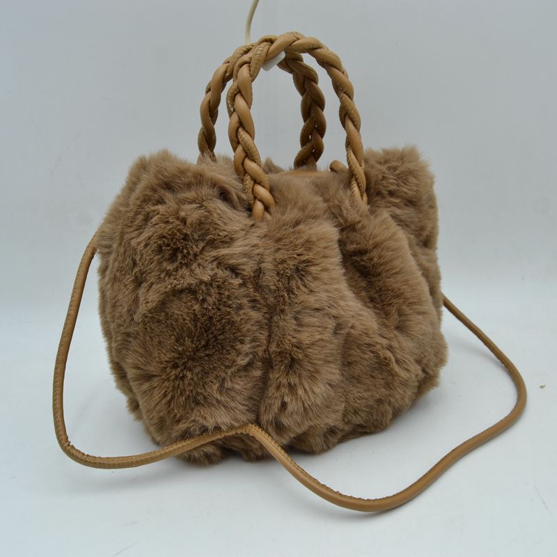 Plush Faux Fur Bucket Handbag with Braided Handles and Long Strap - MeeeShop Women's Fashion