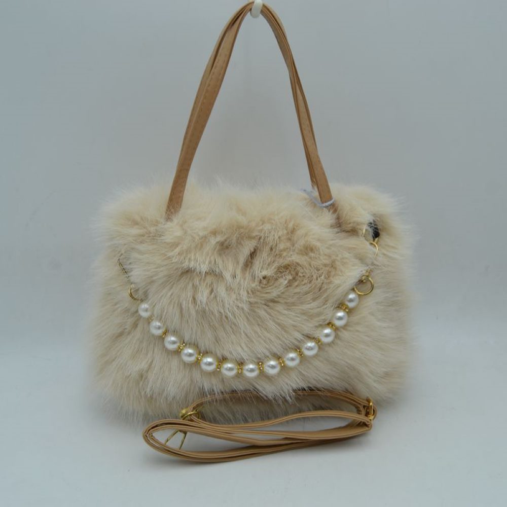 Plush Faux Fur Handbag with Pearl Bead Accent and Dual Straps in Black - Straps Handbag