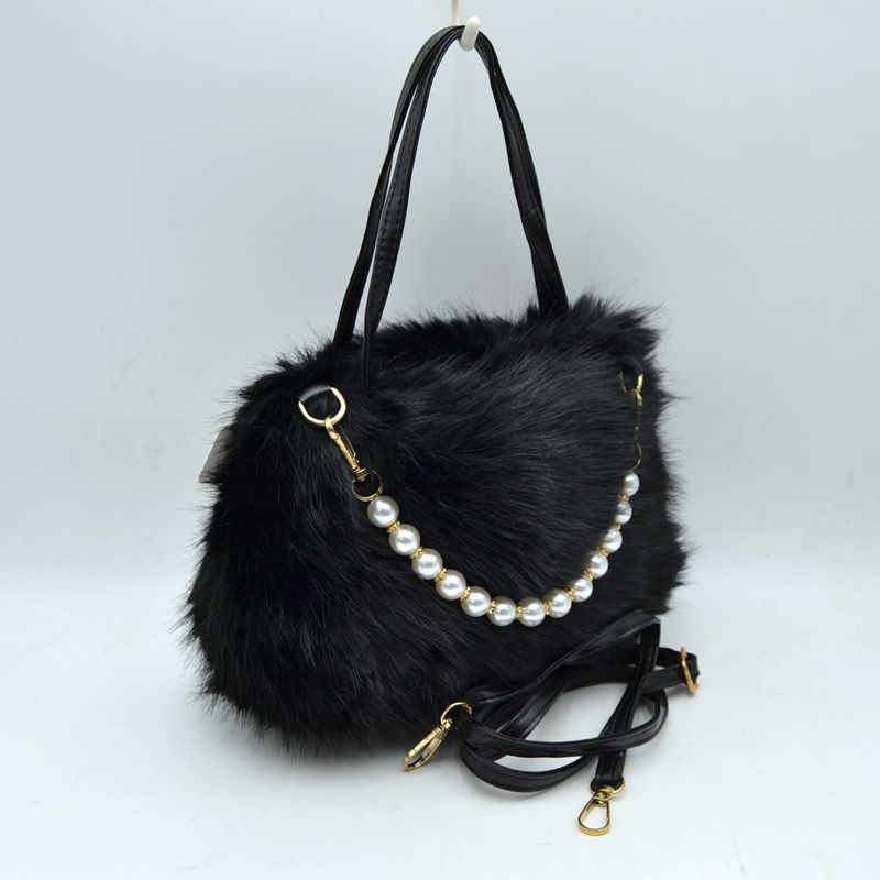 Plush Faux Fur Handbag with Pearl Bead Accent and Dual Straps - MeeeShop Women's Fashion