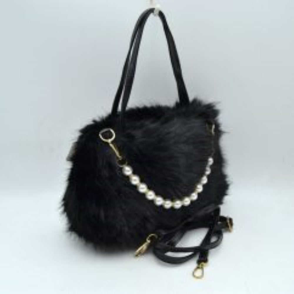 Plush Faux Fur Handbag with Pearl Bead Accent and Dual Straps in Blush view 2 - Straps Handbag
