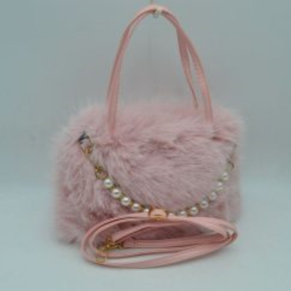 Plush Faux Fur Handbag with Pearl Bead Accent and Dual Straps in Coffee view 3 - Straps Handbag
