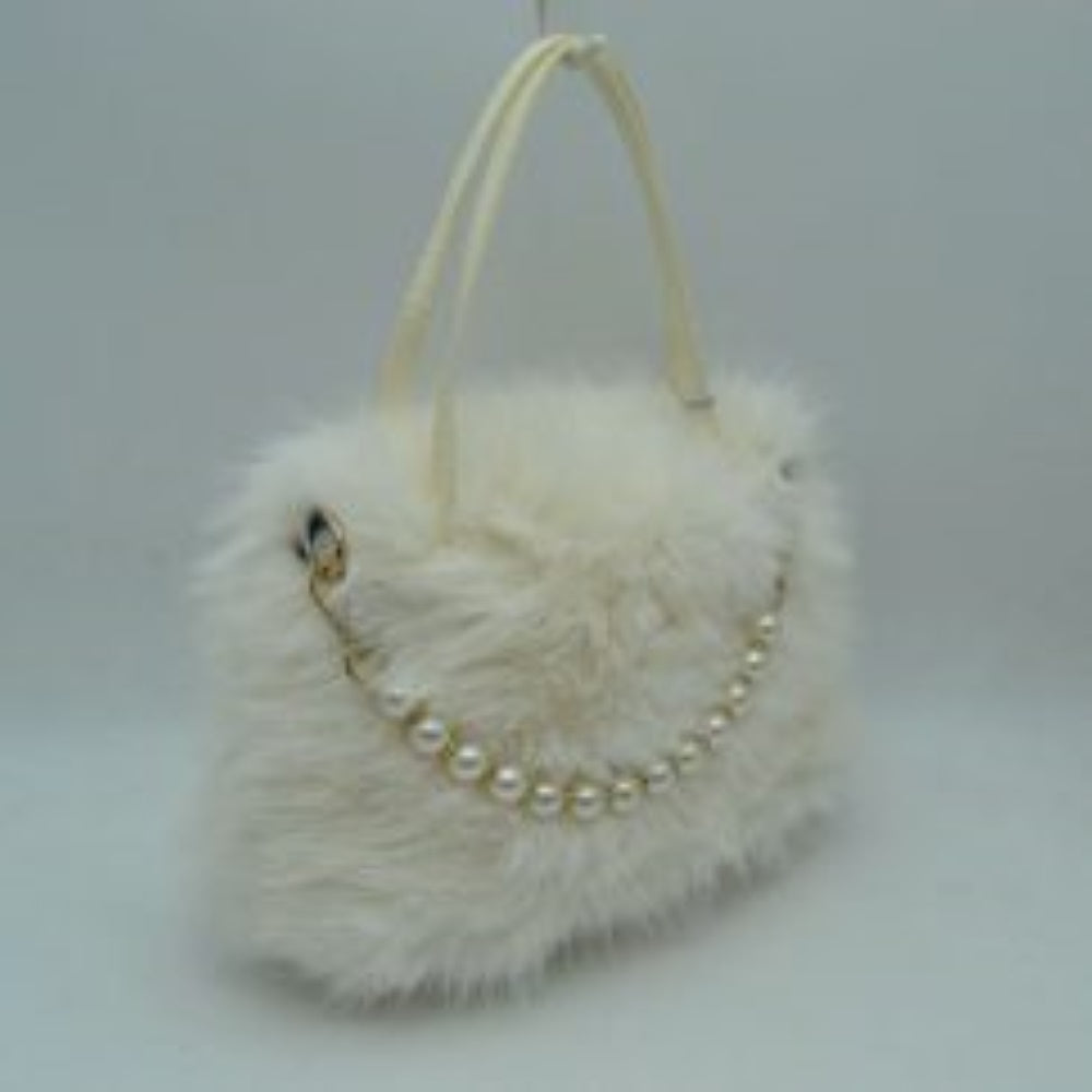 Plush Faux Fur Handbag with Pearl Bead Accent and Dual Straps in Beige view 5 - Straps Handbag