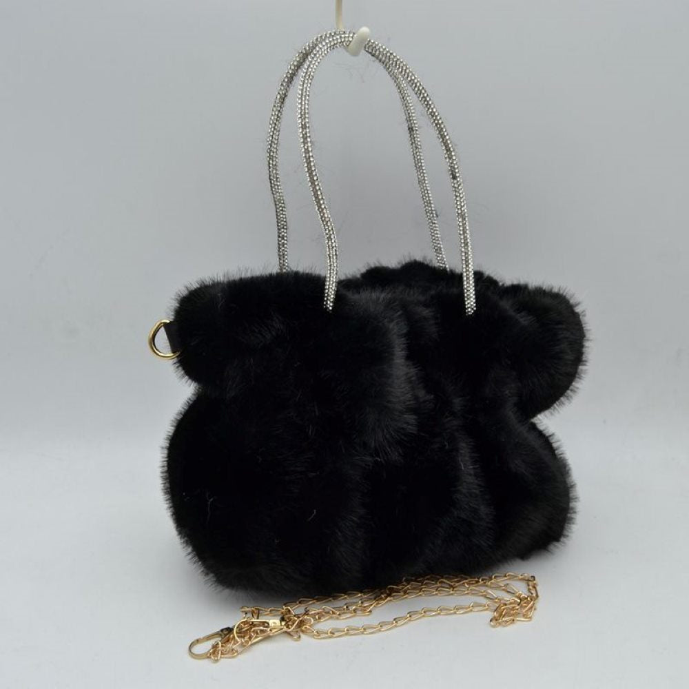 Plush Faux Fur Handbag with Rhinestone Handles and Chain Strap in Black - Strap Handbag
