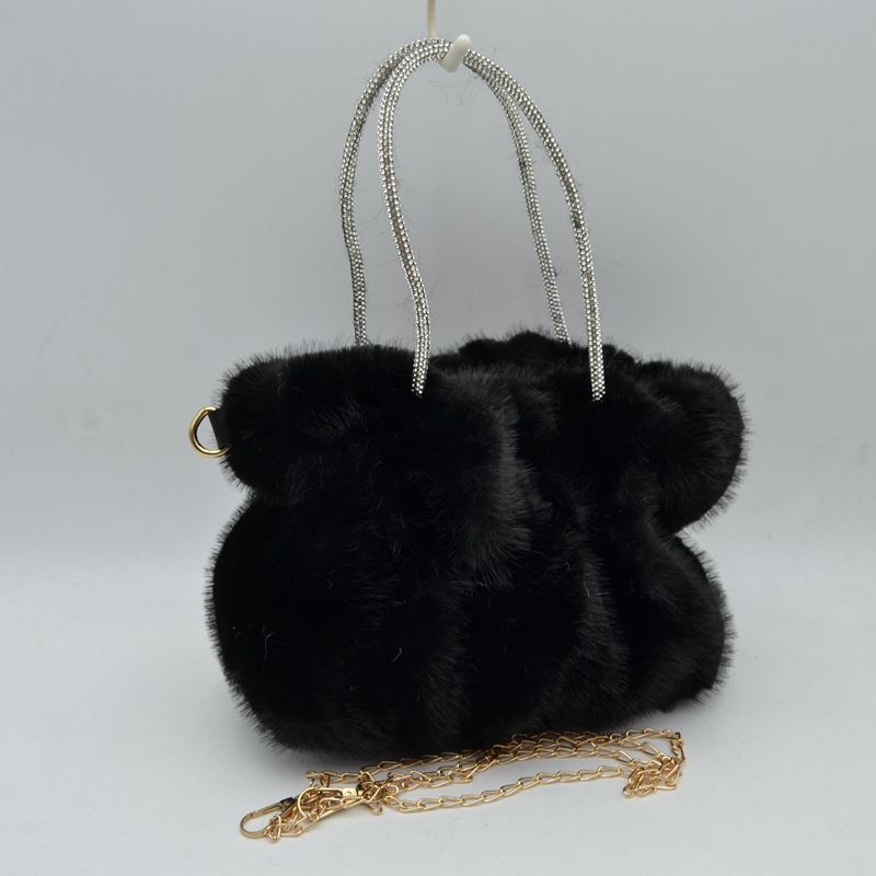 Plush Faux Fur Handbag with Rhinestone Handles and Chain Strap - MeeeShop Women's Fashion