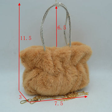 Plush Faux Fur Handbag with Rhinestone Handles and Chain Strap - MeeeShop Women's Fashion