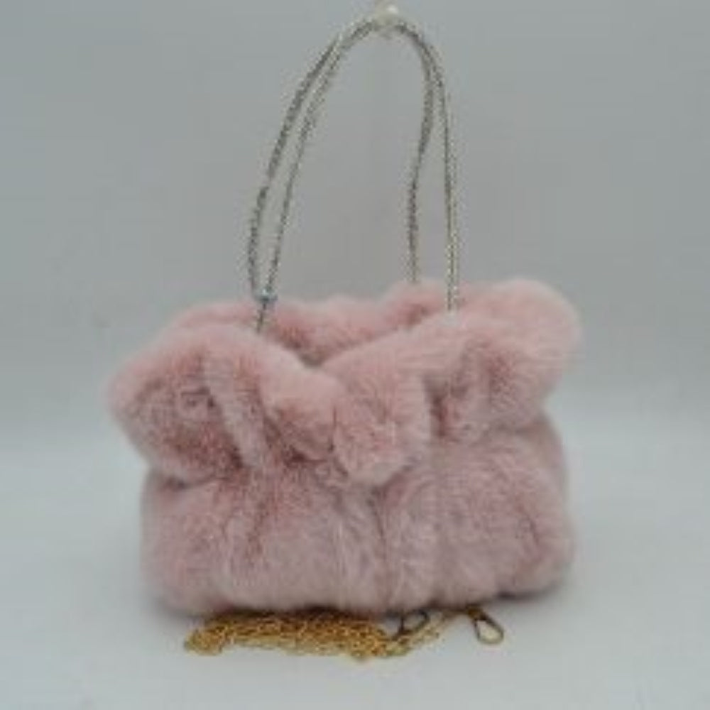 Plush Faux Fur Handbag with Rhinestone Handles and Chain Strap in Blush view 2 - Strap Handbag