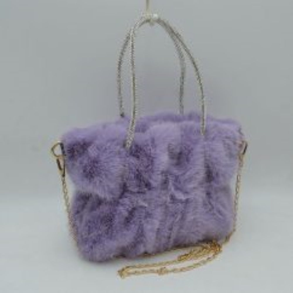 Plush Faux Fur Handbag with Rhinestone Handles and Chain Strap in Clear White view 3 - Strap Handbag