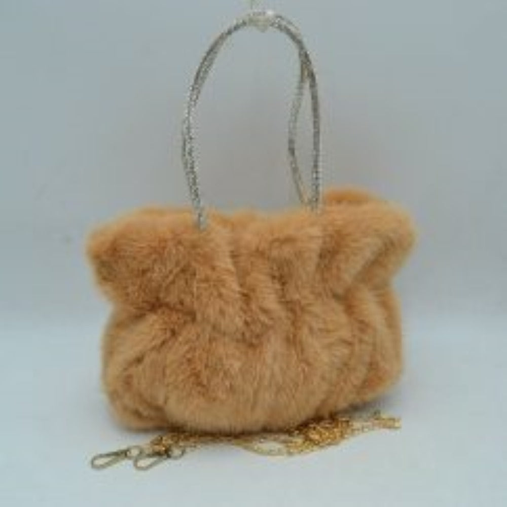 Plush Faux Fur Handbag with Rhinestone Handles and Chain Strap in Purple view 4 - Strap Handbag
