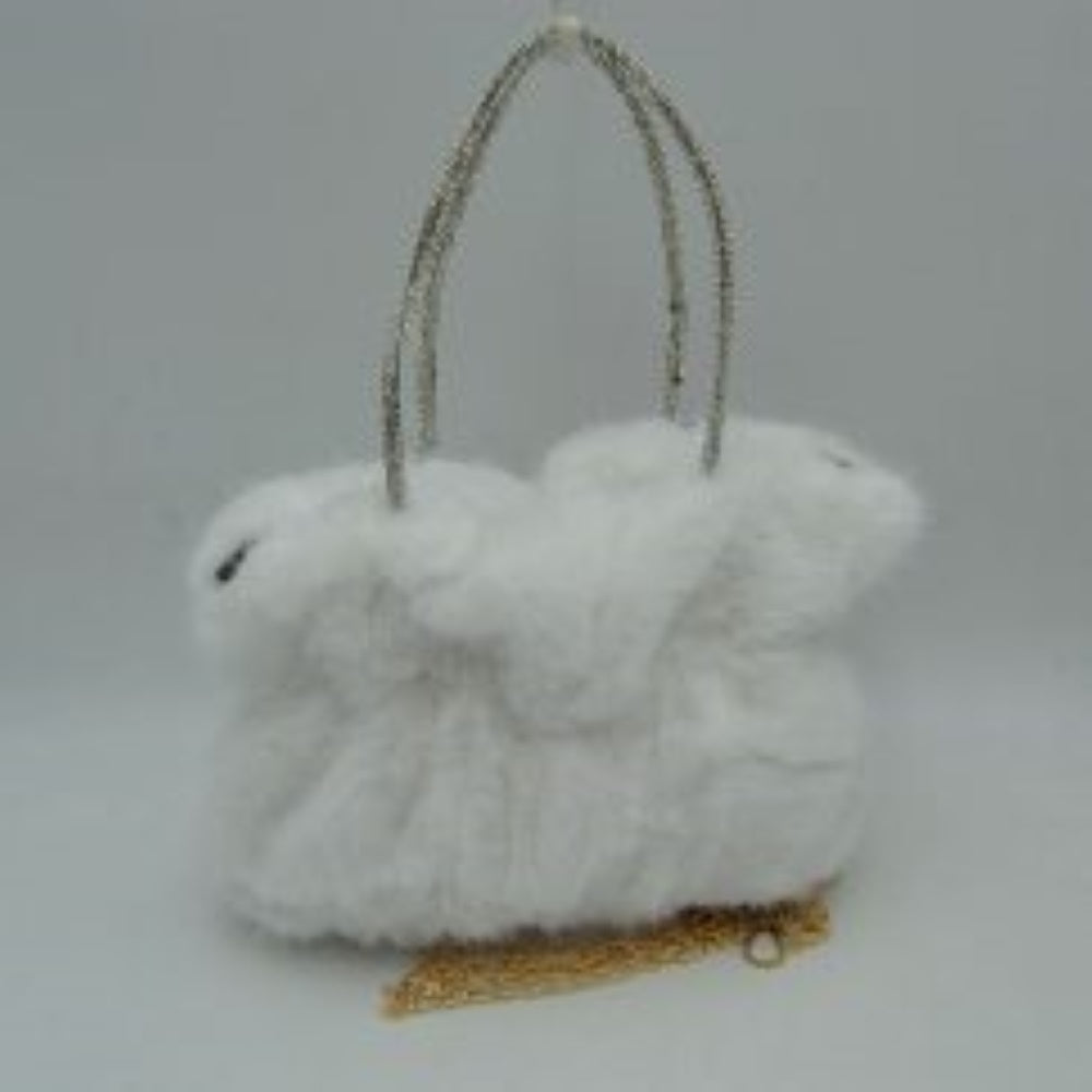 Plush Faux Fur Handbag with Rhinestone Handles and Chain Strap in Taupe view 5 - Strap Handbag