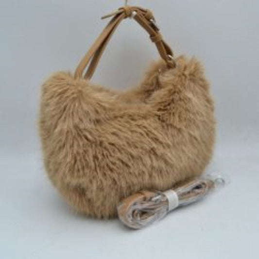 Plush Faux Fur Hobo Handbag with Adjustable Top Handle and Strap in Taupe view 2 - Strap Handbag