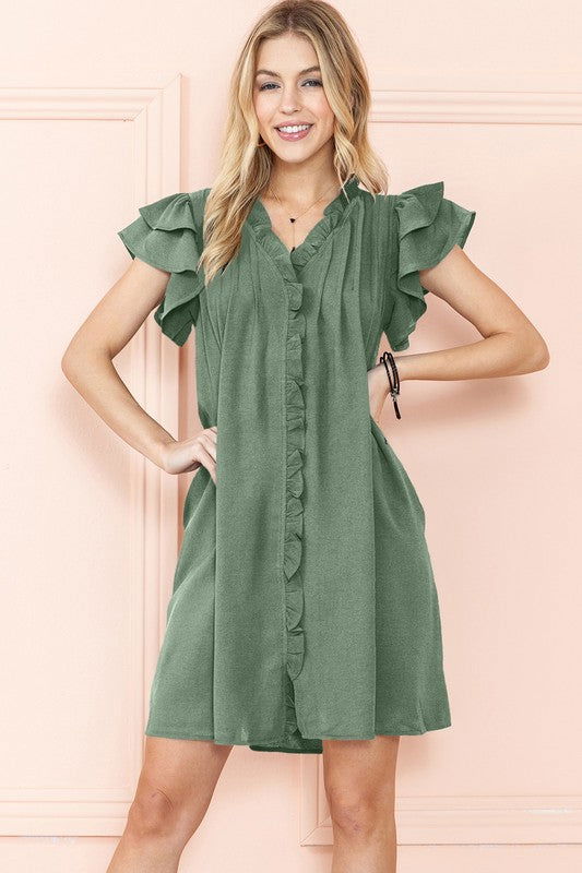 Ruffle Sleeve V neck Green, Black dress w/ pocket - us.meeeshop