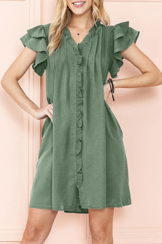 Ruffle Sleeve V neck Green, Black dress w/ pocket - us.meeeshop