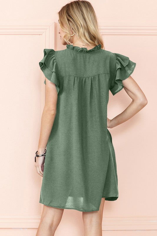 Ruffle Sleeve V neck Green, Black dress w/ pocket - us.meeeshop