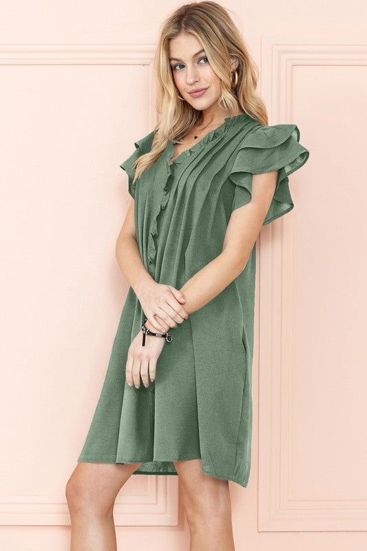 Ruffle Sleeve V neck Green, Black dress w/ pocket - us.meeeshop