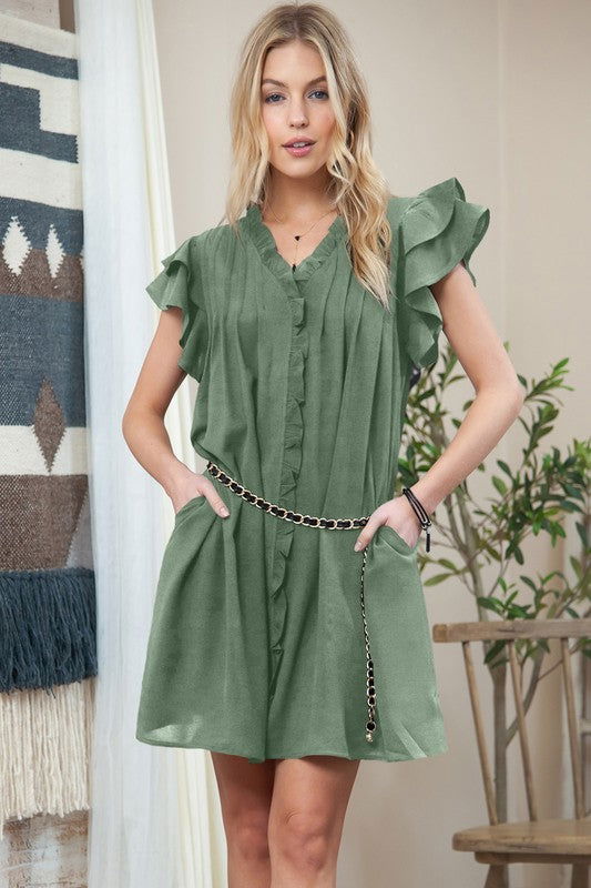 Ruffle Sleeve V neck Green, Black dress w/ pocket - us.meeeshop