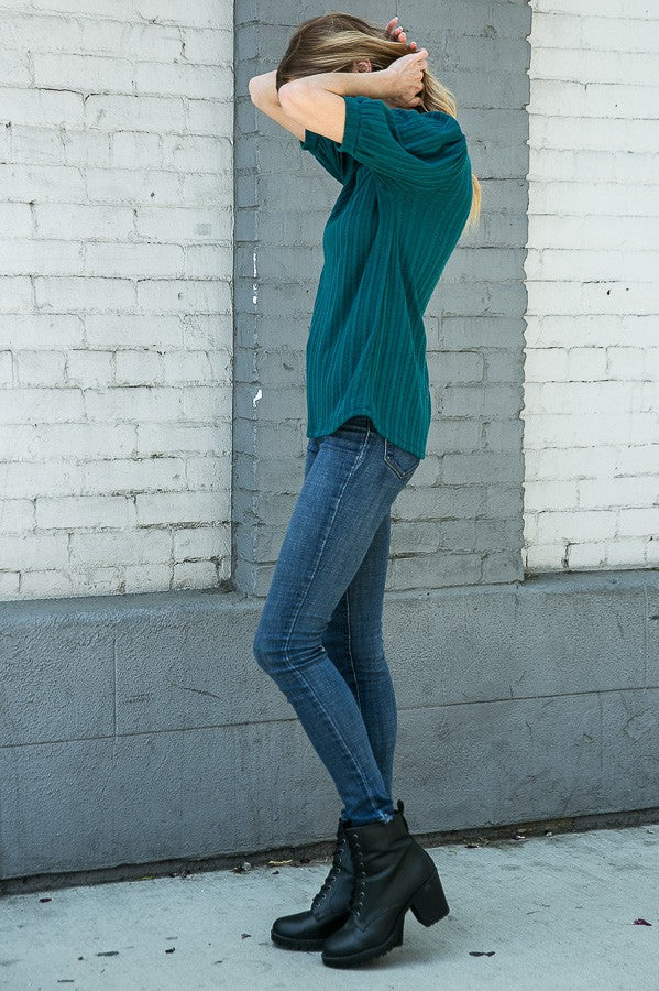 Pointelle Knit Puff Sleeve Top in Teal view 12 - Fall Wardrobe Essential - Pointelle Knit Top H&M