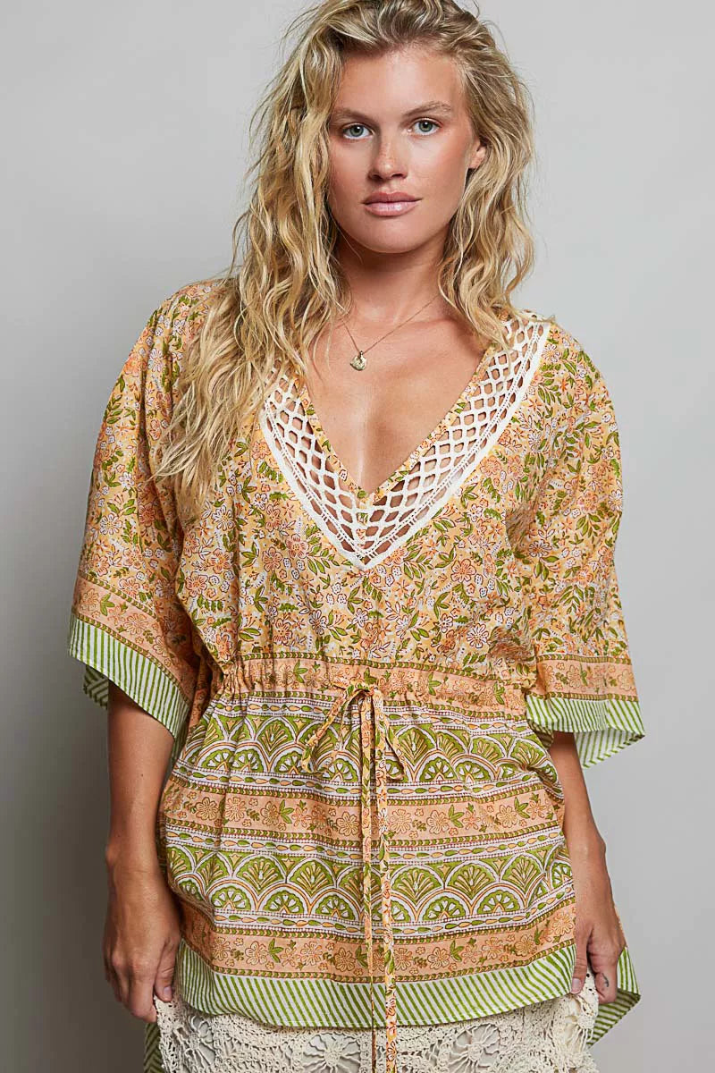 Pol Block Print Floral Tie Front Boho Blouse CORAL MULTI (top) - pol blouse, pol boho blouse, pol block - shop at us.meeeshop
