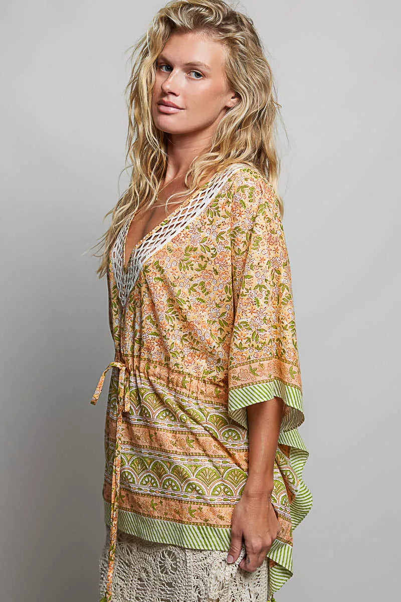 Pol Block Print Floral Tie Front Boho Blouse CORAL MULTI view 2 (top) - pol blouse, pol boho blouse, po - shop at us.meeeshop