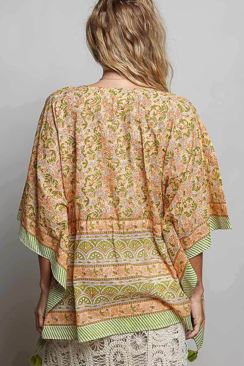Pol Block Print Floral Tie Front Boho Blouse CORAL MULTI view 3 (top) - pol blouse, pol boho blouse, po - shop at us.meeeshop