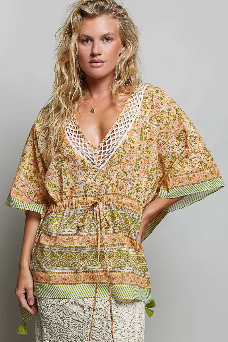 Pol Block Print Floral Tie Front Boho Blouse view 4 (top) - pol blouse, pol boho blouse, pol block prin - shop at us.meeeshop