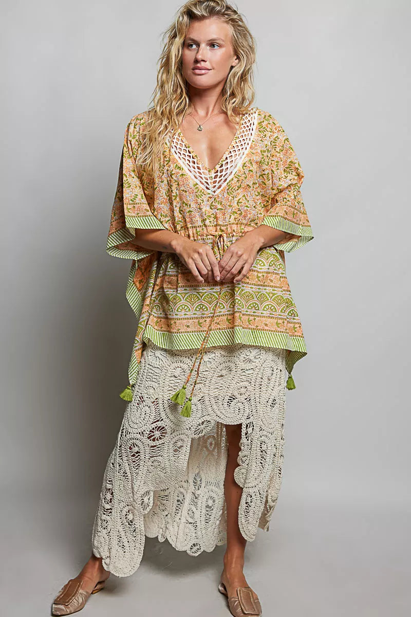 Pol Block Print Floral Tie Front Boho Blouse view 5 (top) - pol blouse, pol boho blouse, pol block prin - shop at us.meeeshop
