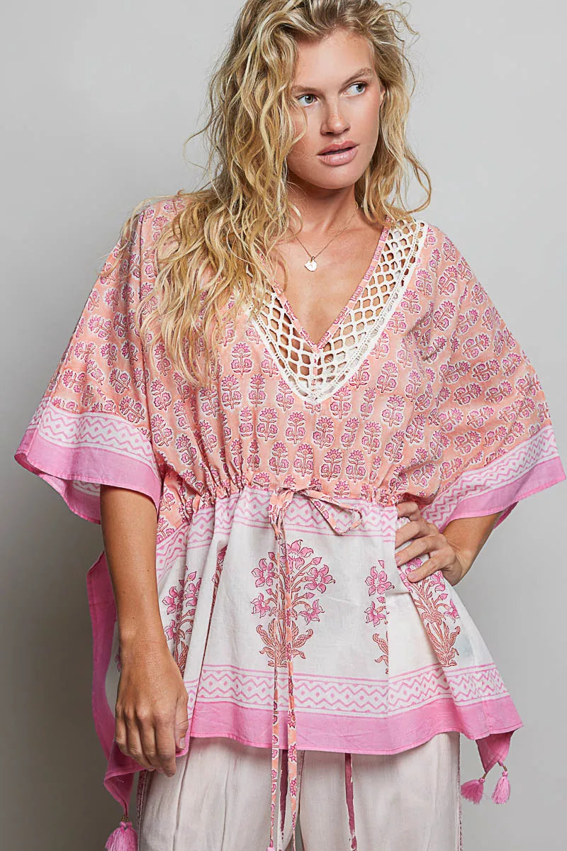Pol Block Print Floral Tie Front Boho Blouse PINK MULTI (top) - pol blouse, pol boho blouse, pol block  - shop at us.meeeshop