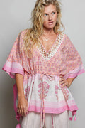 Pol Block Print Floral Tie Front Boho Blouse PINK MULTI (top) - pol blouse, pol boho blouse, pol block  - shop at us.meeeshop
